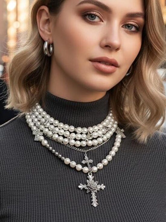 Jewelry - 9 Piece Layered Pearl Cross Necklace Choker and Hoop Earrings Jewelry Set